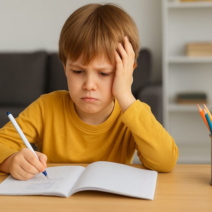 Jeune garçon ayant des difficultés à faire ses devoirs, signe possible d'un besoin de soutien scolaire
